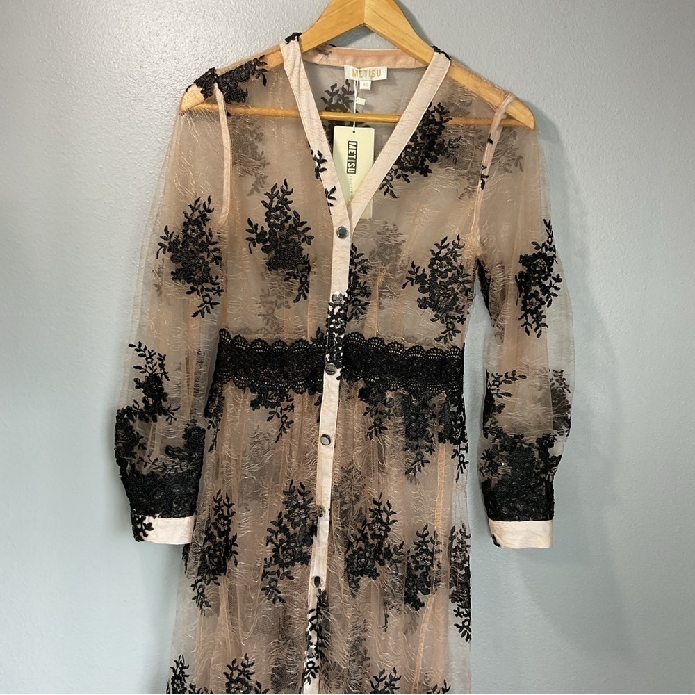 Metisu snap button up floral embroidery mesh overlay dress size XS New D35 - Picture 2 of 11